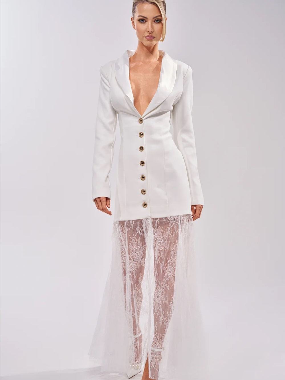 AKIRA White Long Sleeve Blazer Dress with Lace Skirt